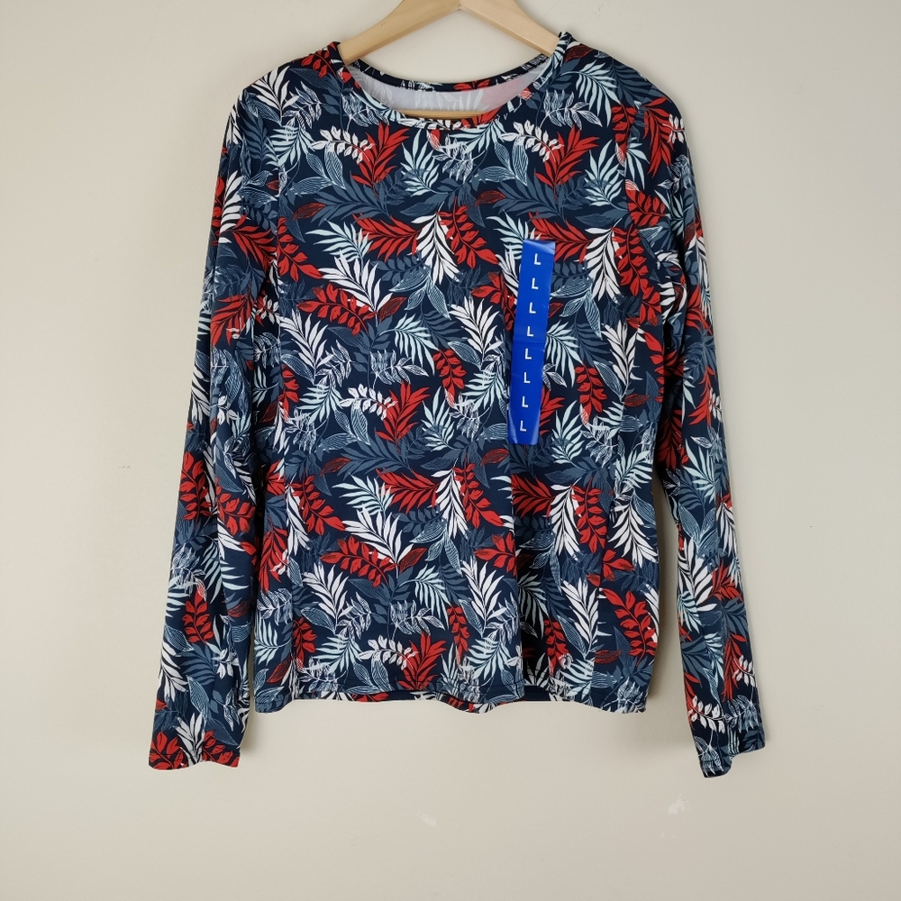 Hang Ten Swim Shirt Size L UPF 50+Zip Pocket Quick Dry Stretch Long Sleeve Top